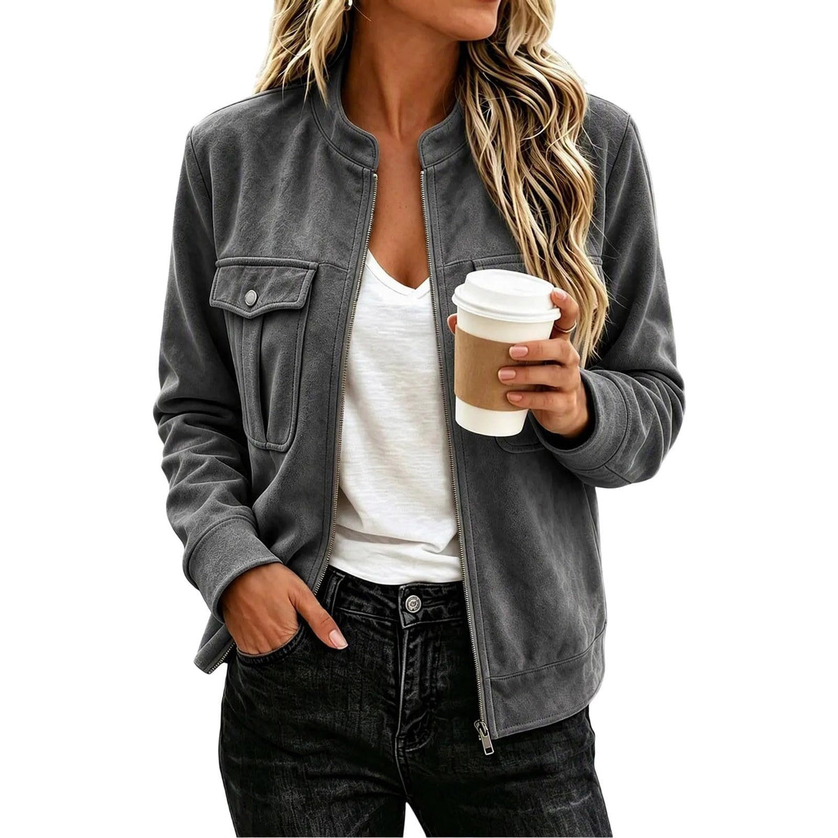 Faux Suede Stand-Collar Zip Jacket in Gray