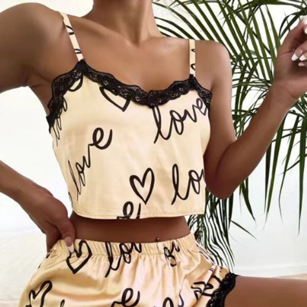 🩷 Cute Heart Print Lace Pajama Set – Cozy & Stylish Sleepwear 🩷