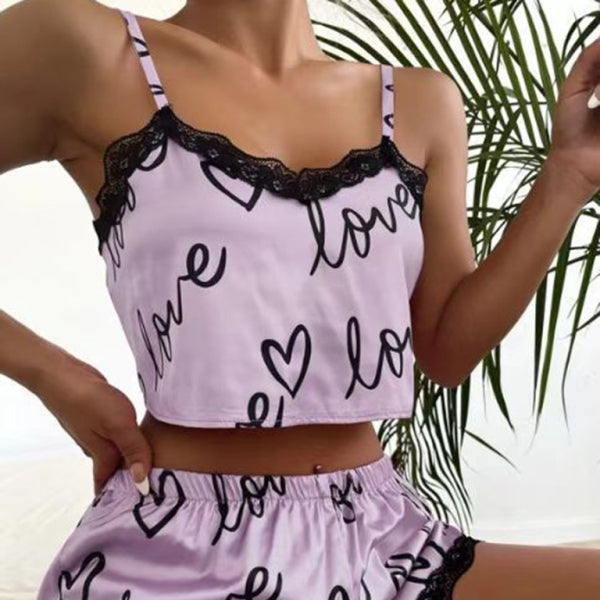 🩷 Cute Heart Print Lace Pajama Set – Cozy & Stylish Sleepwear 🩷