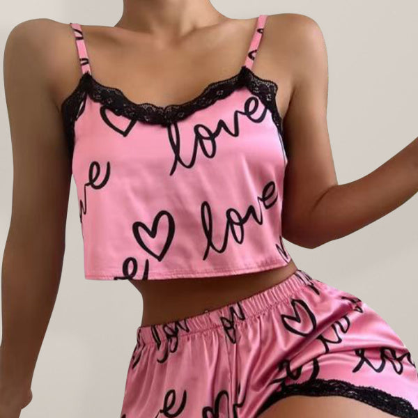 🩷 Cute Heart Print Lace Pajama Set – Cozy & Stylish Sleepwear 🩷
