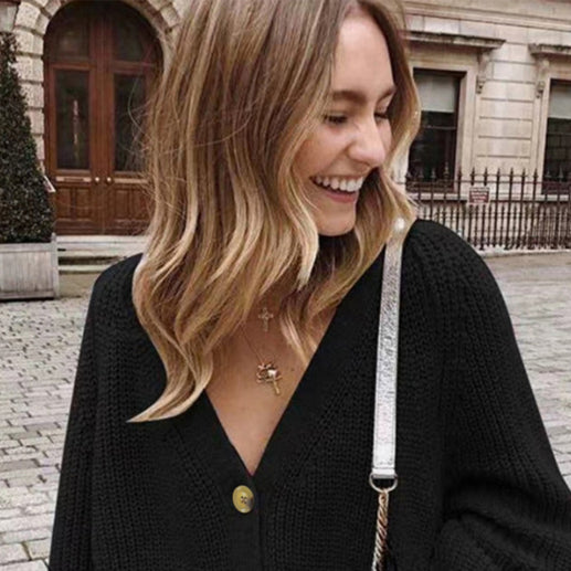 π§₯ Cozy Chic V-Neck Lantern Sleeve Knit Cardigan for Fall & Winter β¨