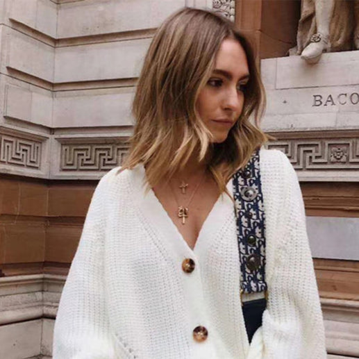 π§₯ Cozy Chic V-Neck Lantern Sleeve Knit Cardigan for Fall & Winter β¨