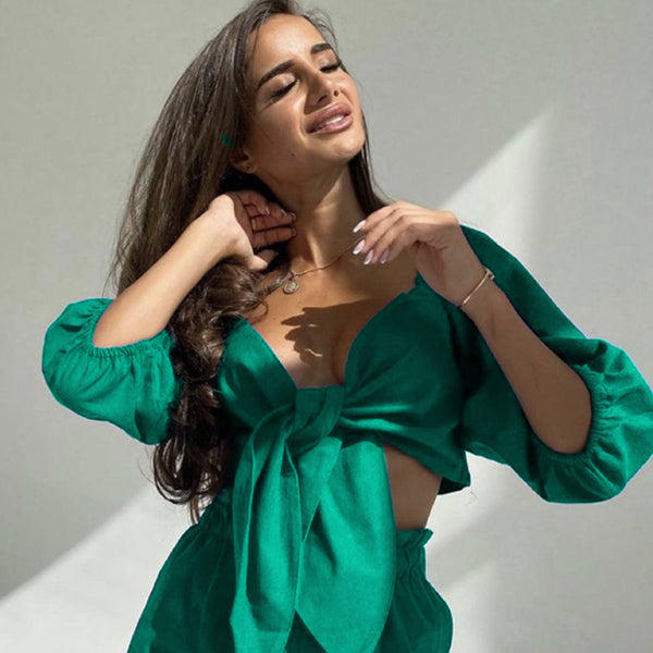 β¨ Chic & Comfy V-Neck Puff Sleeve Shorts Set β Stylish 2-Piece Outfit for Spring & Summer β¨