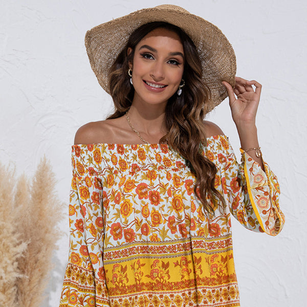 One Shoulder Floral Top – Chic Boho Flare Sleeve Blouse for Summer – Plus Size