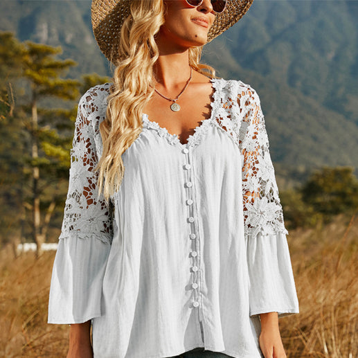 Chic Lace Crochet Deep V-Neck Blouse – Flowy & Elegant Must-Have