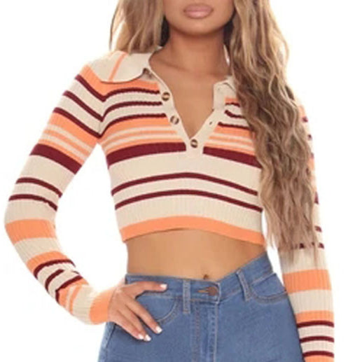 π€ Striped Knit Crop Top Long Sleeve V-Neck Button-Up β Trendy & Chic π€