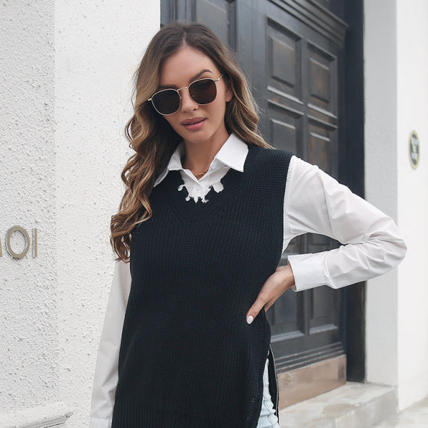 π₯ Cozy & Chic Knitted Sweater Vest β Zip Side & V-Neck Style β¨