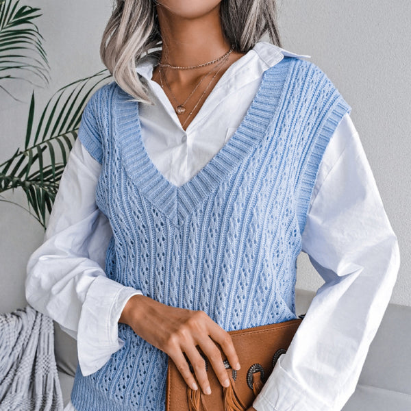π§Ά Chic Knit Sweater Vest β Trendy V-Neck Hollow Out Sleeveless Top π€