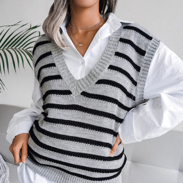 π€ Chic V-Neck Striped Knit Sweater Vest β Cozy & Trendy Must-Have π€