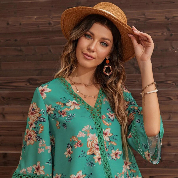 Chic V-Neck Lace Top Flared Sleeves Stylish Print Blouse for Women Perfect for Spring Summer Casual Looks
