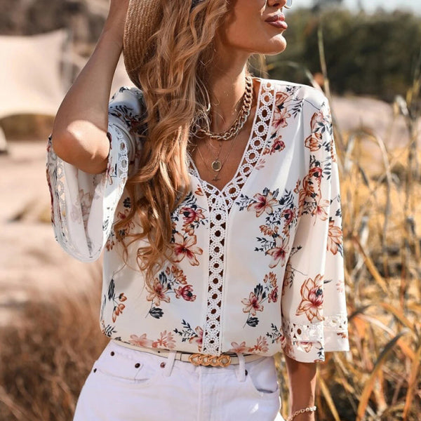 Chic V-Neck Lace Top Flared Sleeves Stylish Print Blouse for Women Perfect for Spring Summer Casual Looks