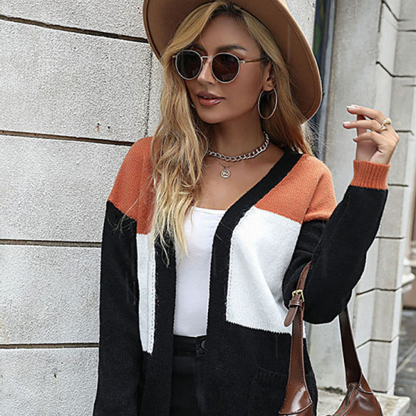 π§‘ Cozy Chic Color Block Cardigan β Trendy & Warm Long Sleeve Sweater π§‘