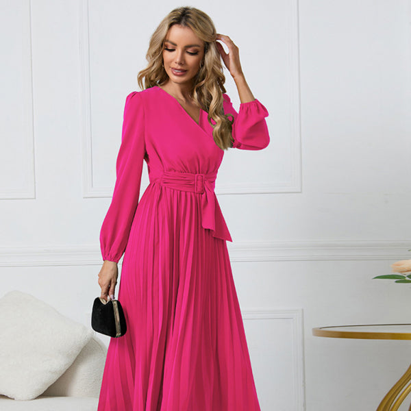 ✨ Chic Long Sleeve V-Neck Belted A-Line Dress – Elegant & Flattering Fit ✨