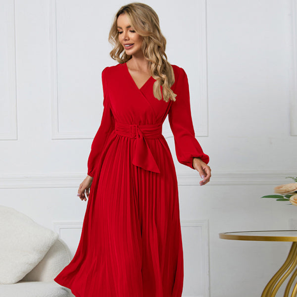✨ Chic Long Sleeve V-Neck Belted A-Line Dress – Elegant & Flattering Fit ✨