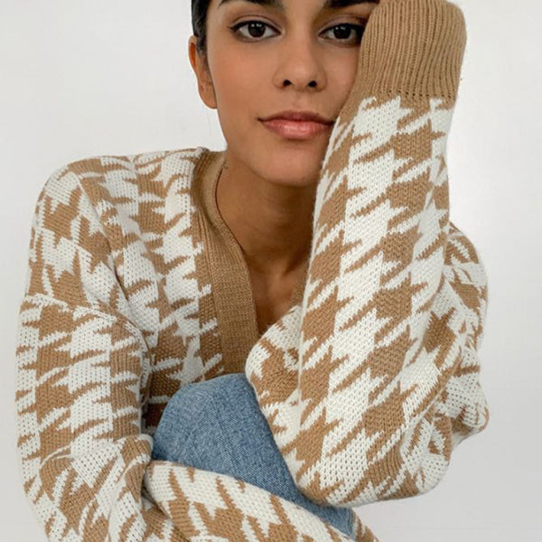 π€ Chic Houndstooth Knit Cardigan β Cozy V-Neck Sweater for Any Season β¨