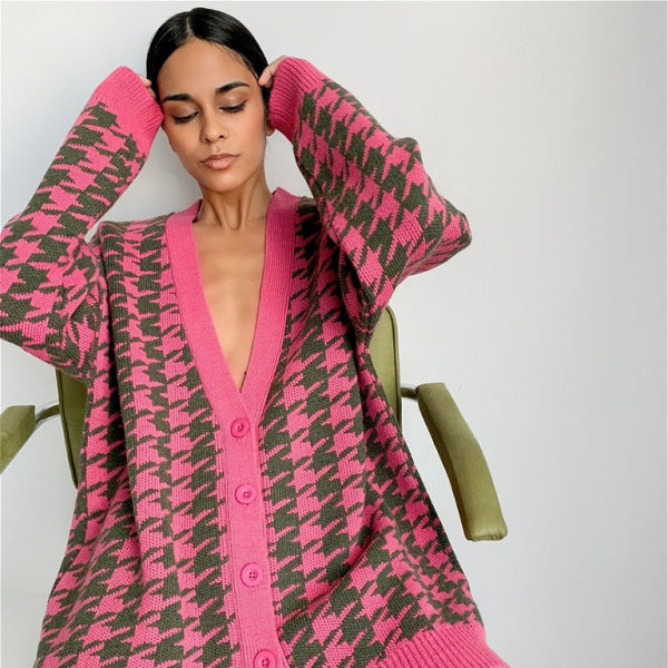 π€ Chic Houndstooth Knit Cardigan β Cozy V-Neck Sweater for Any Season β¨