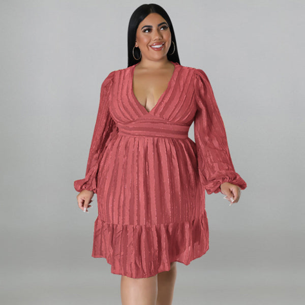 π€ Plus Size Striped V-Neck Long Sleeve Dress Comfy Chic Fit π€