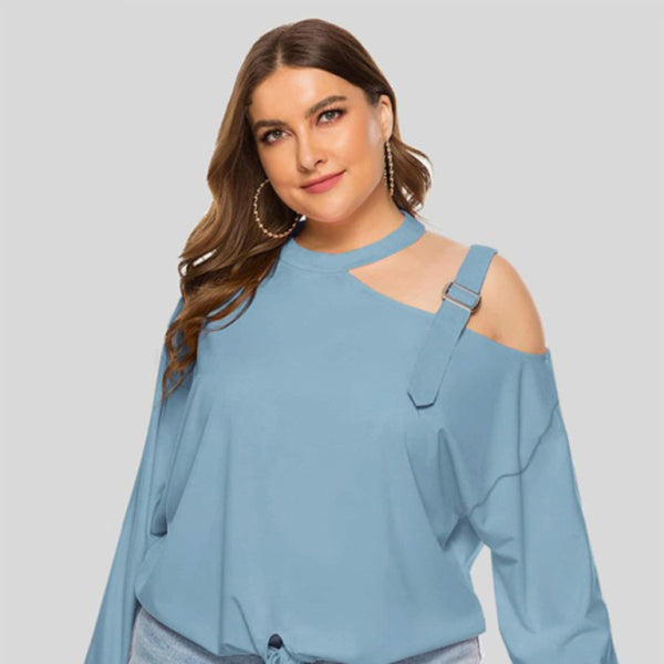🔥 Plus Size Slanted Shoulder Bow Top – Trendy & Chic Long Sleeve T-Shirt 🔥