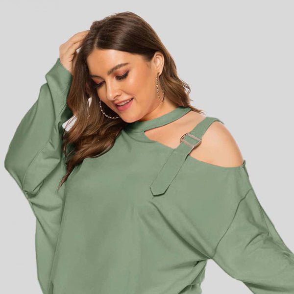 🔥 Plus Size Slanted Shoulder Bow Top – Trendy & Chic Long Sleeve T-Shirt 🔥