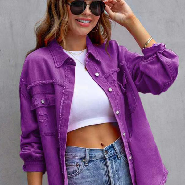 Raw Edge Ripped Denim Jacket Trendy Streetwear Perfect Casual Layer