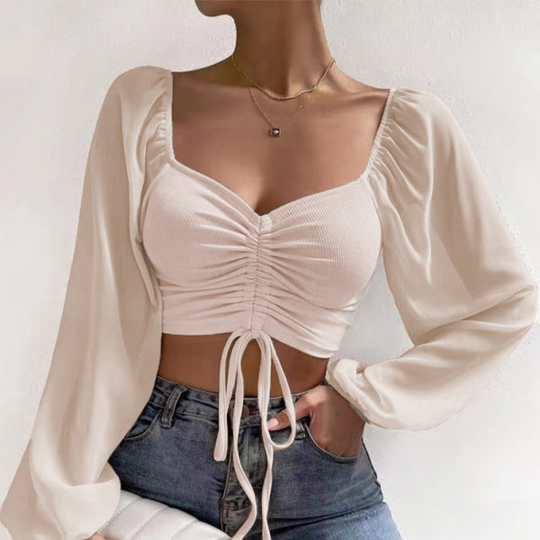 🛍️ Chic Knit Chiffon Drawstring Top – Trendy & Feminine Blouse for All Seasons ✨