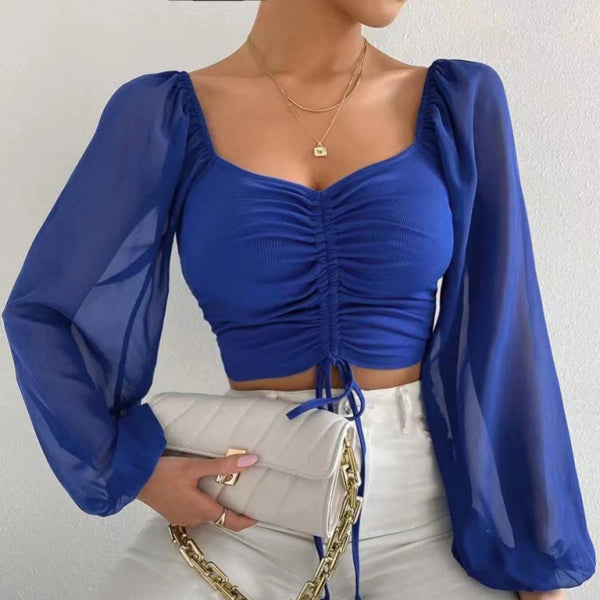 🛍️ Chic Knit Chiffon Drawstring Top – Trendy & Feminine Blouse for All Seasons ✨