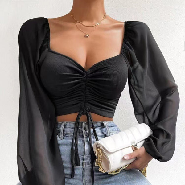 🛍️ Chic Knit Chiffon Drawstring Top – Trendy & Feminine Blouse for All Seasons ✨