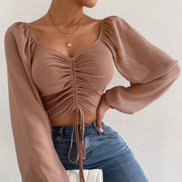 🛍️ Chic Knit Chiffon Drawstring Top – Trendy & Feminine Blouse for All Seasons ✨