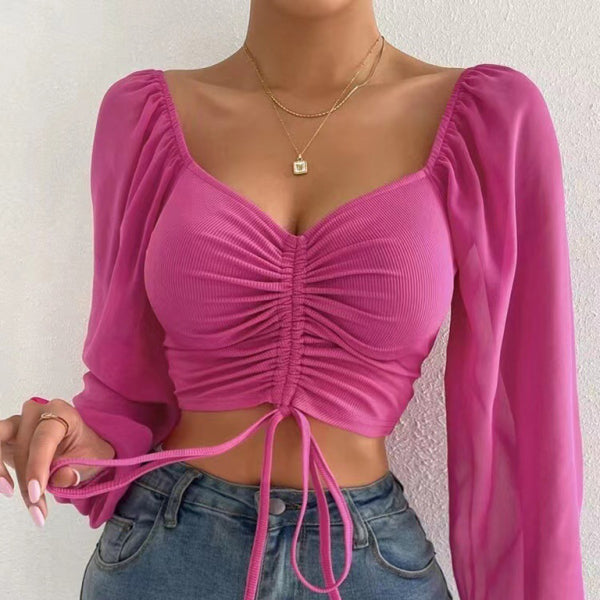 🛍️ Chic Knit Chiffon Drawstring Top – Trendy & Feminine Blouse for All Seasons ✨