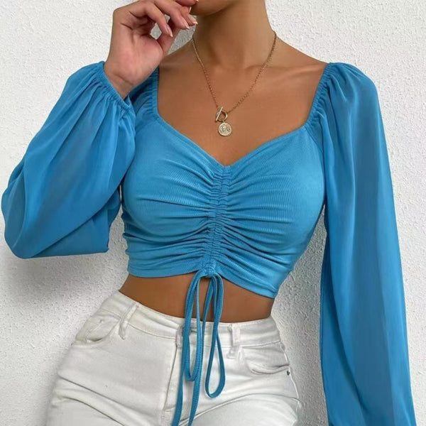 🛍️ Chic Knit Chiffon Drawstring Top – Trendy & Feminine Blouse for All Seasons ✨
