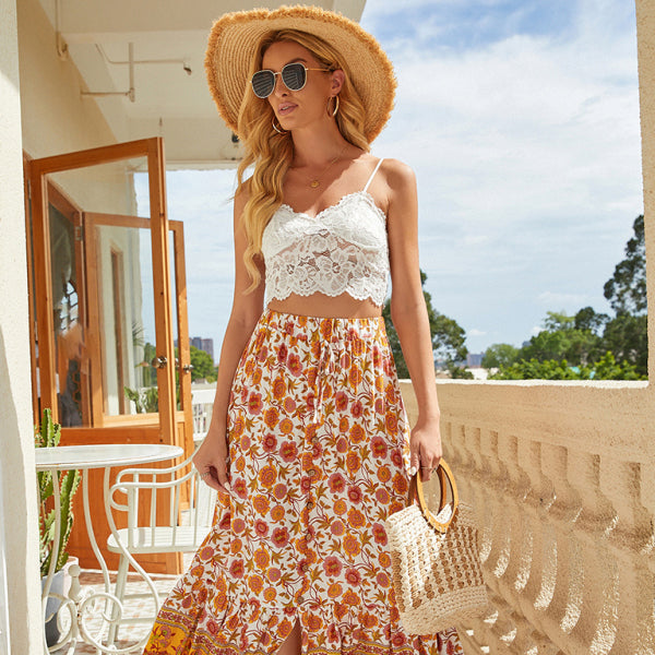 Boho Chic Maxi Skirt Ethnic Print High Waist Slit Perfect for Travel & Vacations