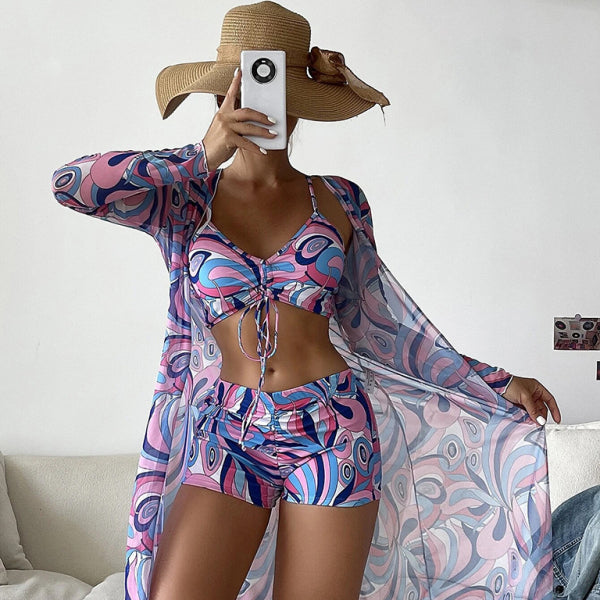✨ Trendy 3-Piece High-Waist Bikini Set with Chic Cover-Up – Must-Have Swimwear ✨