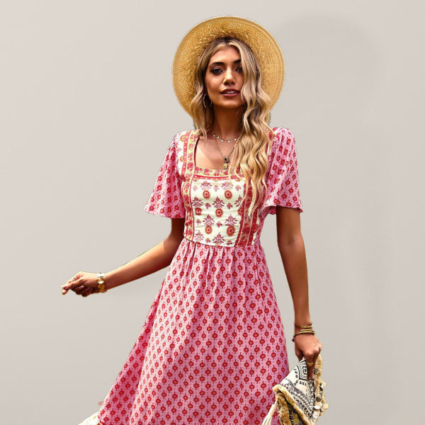 ✨ Boho Chic Short Sleeve Midi Dress – Flowy, Stylish & Perfect for Summer ✨