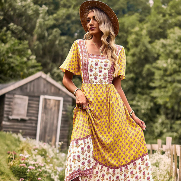 ✨ Boho Chic Short Sleeve Midi Dress – Flowy, Stylish & Perfect for Summer ✨