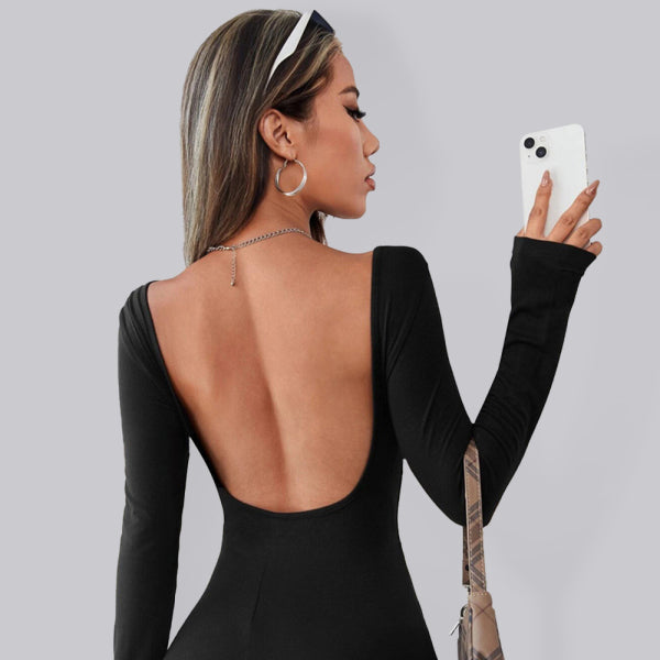 ✨ Sexy Knit Open-Back Jumpsuit – Long Sleeve, Curve-Hugging & Chic ✨