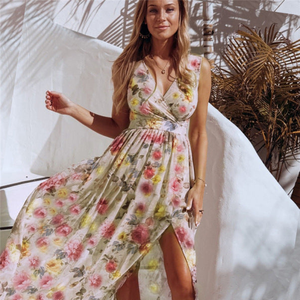 🛍️ Elegant Floral Chiffon Maxi Dress Sleeveless Vacation Beach Slit 🌸