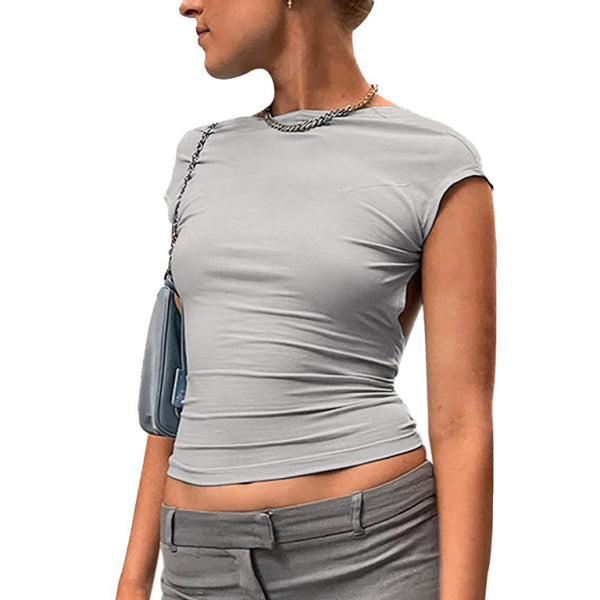 🔥 Sexy Backless Crop Top – Tight Fit, Short Sleeve, High Neck 🔥