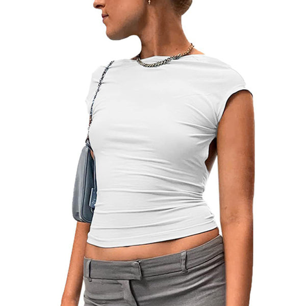 🔥 Sexy Backless Crop Top – Tight Fit, Short Sleeve, High Neck 🔥