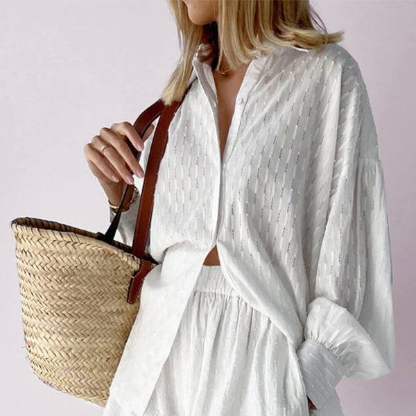 ✨ Chic Jacquard Puff Sleeve Top & Shorts Set – Stylish & Comfy Outfit for Any Occasion ✨