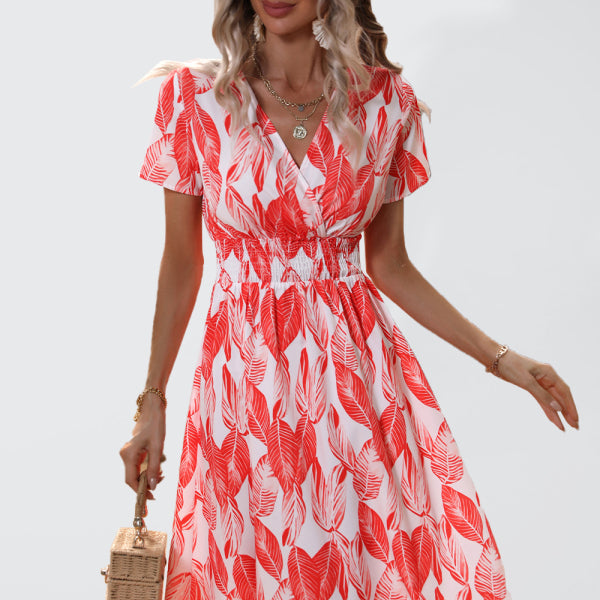 🌿 Leaf Print V-Neck Midi Dress – Chic & Breezy Vacation Outfit ✨