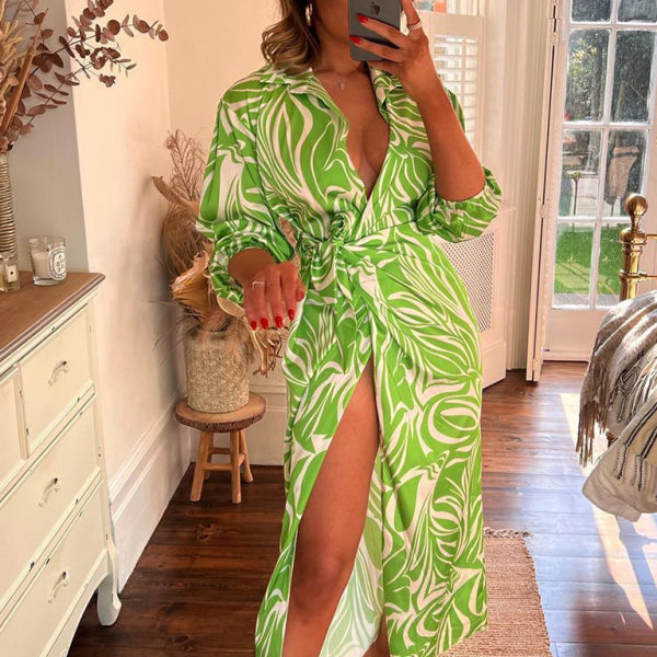 ✨ Chic Lantern Sleeve Midi Dress Tie Waist Contrast Design – Perfect for Any Occasion ✨