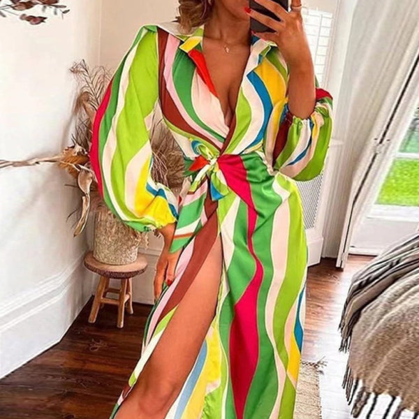 ✨ Chic Lantern Sleeve Midi Dress Tie-Slit Contrast Lapel Elegance ✨