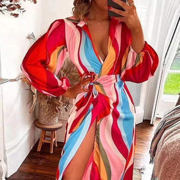 ✨ Chic Lantern Sleeve Midi Dress Tie-Slit Contrast Lapel Elegance ✨