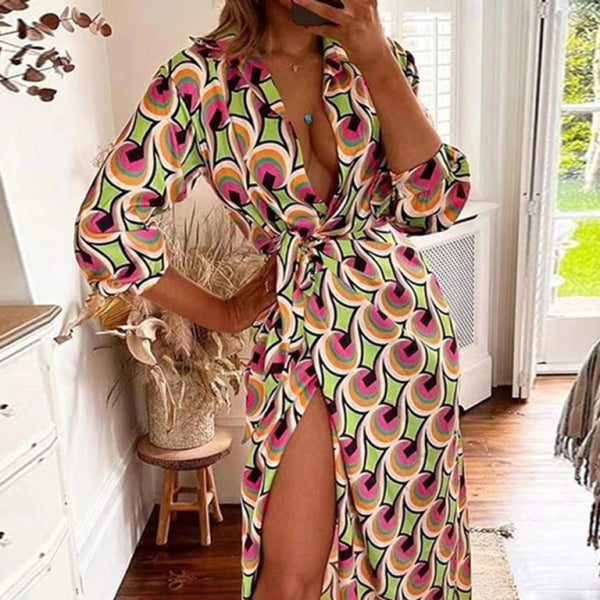 ✨ Chic Lantern Sleeve Midi Dress Tie Waist Contrast Design – Perfect for Any Occasion ✨