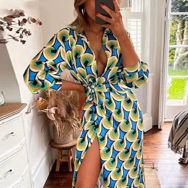 ✨ Chic Lantern Sleeve Midi Dress Tie Waist Contrast Design – Perfect for Any Occasion ✨