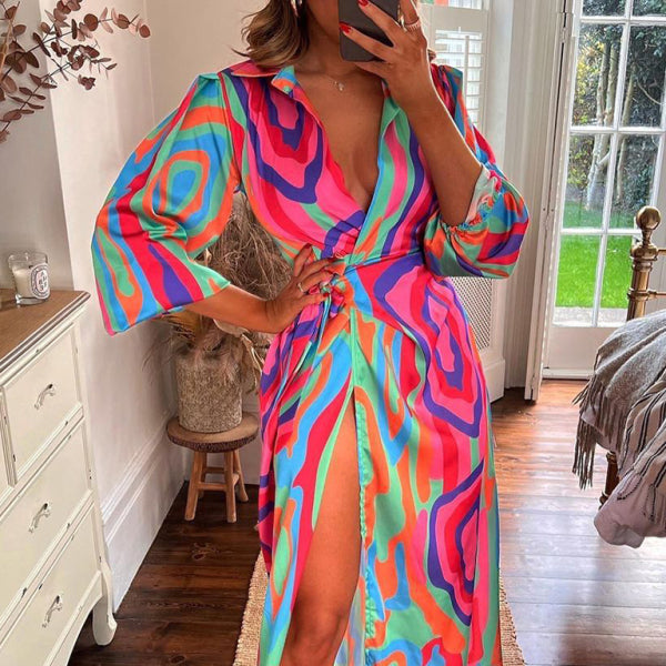 ✨ Chic Lantern Sleeve Midi Dress Tie-Slit Contrast Lapel Elegance ✨