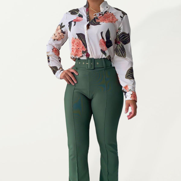 ✨ Chic Printed Two-Piece Set – Long Sleeve Shirt & Wide-Leg Pants ✨