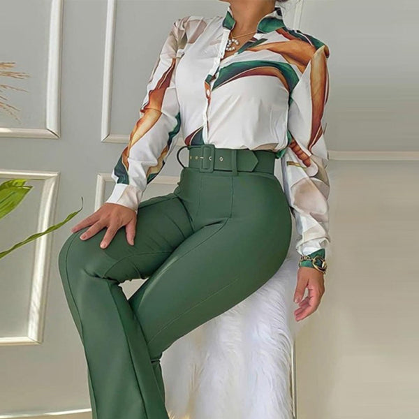 ✨ Chic Printed Two-Piece Set – Long Sleeve Shirt & Wide-Leg Pants ✨