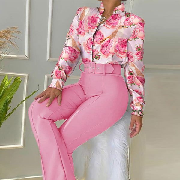 ✨ Chic Printed Two-Piece Set – Long Sleeve Shirt & Wide-Leg Pants ✨