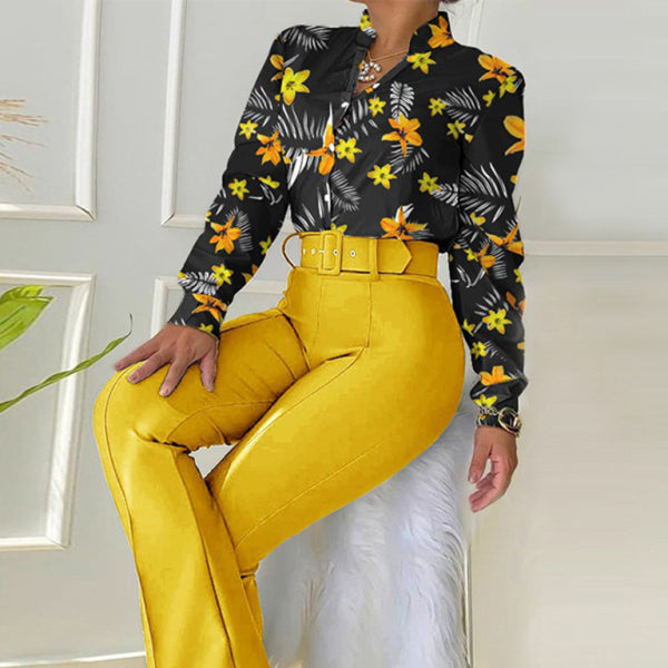 ✨ Chic Printed Two-Piece Set – Long Sleeve Shirt & Wide-Leg Pants ✨